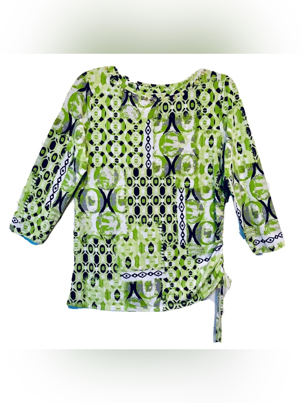 Hearts Of Palm Womens S Lime Gray Black Abstract Beaded Ruched 3/4 Sleeve Top